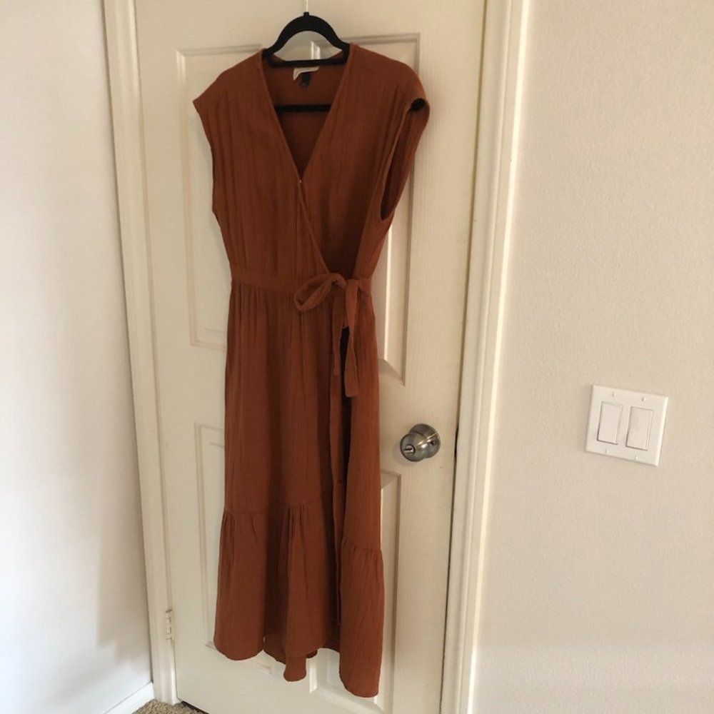 Rust Color Cotton Wrap Midi Dress